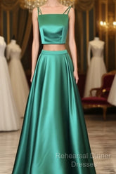 Two Piece Green Satin Semi Formal Prom Dress With Straps